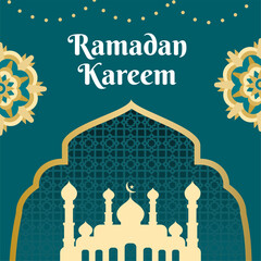 Fototapeta na wymiar Ramadan Kareem greeting cards background design in portrait orientation. with tosca and gold color combination. Suitable for greeting card, social media, and banner.
