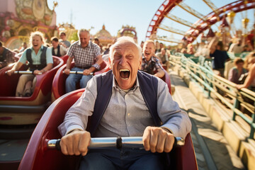 Fototapeta na wymiar Old people go to amusement parks and ride roller coasters. Ai generate.