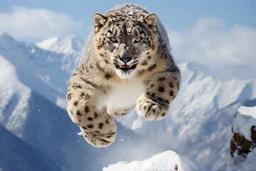 Fototapeta premium A snow leopard that was about to lunge at its prey. Ai generate.