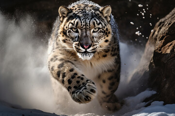 Fototapeta premium A snow leopard that was about to lunge at its prey. Ai generate.