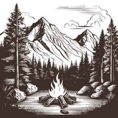 Vector hand sketch campfire with mountains and trees outline