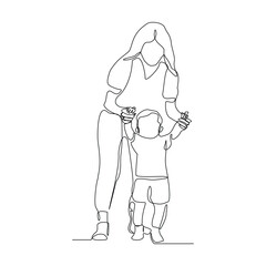 Continuous single line sketch drawing of mother mom teaching child to walk and playing. One line art of love parenting family concept vector illustration