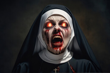Fototapeta na wymiar a nun who is possessed by an evil and terrifying spirit. evil and terrible demon
