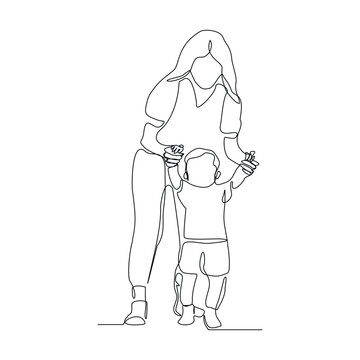 recommend clip art: Continuous single line sketch drawing of mother mom teaching child to walk and playing. One line art of love parenting family concept vector illustration