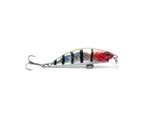 Picture of colorful fish shaped plug baits with 3 way hooks. Fishing equipment isolated on white...