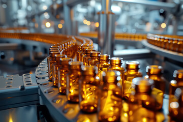 Fototapeta na wymiar Close-up of a modern medicine production plant, empty bottles on a conveyor belt