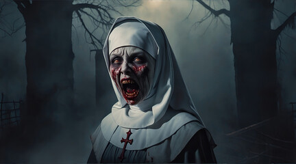 a nun who is possessed by an evil and terrifying spirit. evil and terrible demon - obrazy, fototapety, plakaty