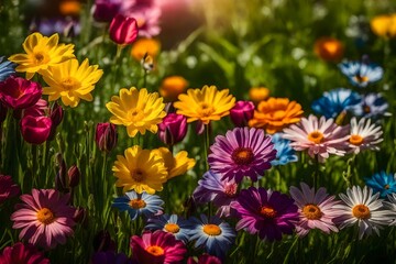 A resplendent spring garden adorned with a myriad of vibrant flowers, blossoming in various hues, the manicured lawn grass interspersed with a rainbow of petals