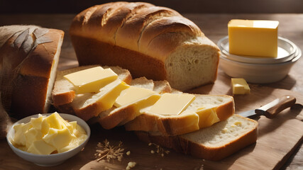 Butter and bread lie on a white plate board on the table. Fresh bread and butter