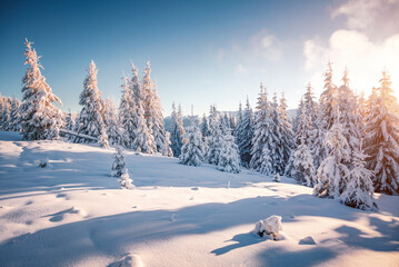 Fabulous view of snow-capped spruces on a frosty day glowing by sunlight.