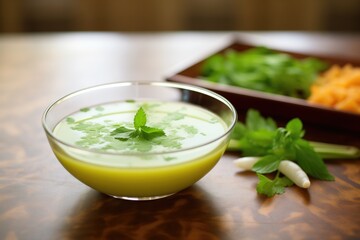 Obraz na płótnie Canvas glass bowl of edamame soup with sprig of cilantro