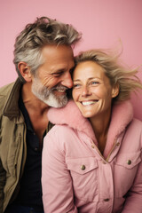 Portrait of a happy senior couple embracing each other and looking at camera over pink background.