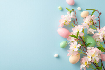 Egg-cellent Easter scene: top view of colorful eggs, an adorable bunny, apple blossoms on a pastel blue surface. Add your text or advert