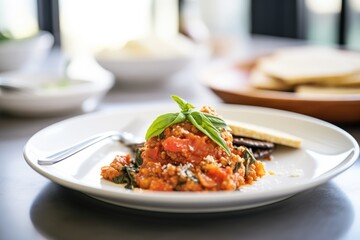 vegan eggplant parmesan variation with dairy-free cheese - obrazy, fototapety, plakaty