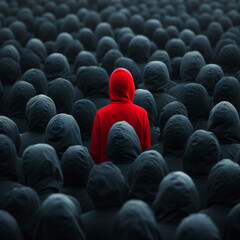 Fototapeta premium Different, unique, special concept image representing a person in red standing above the others in gray.
