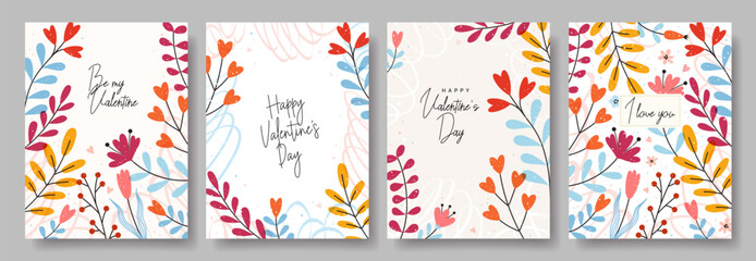 Happy Valentine's Day greeting cards. Creative art templates with abstract and floral elements. Perfect for poster, invitation, flyer, banner, social media, mobile apps. Vector modern backgrounds.