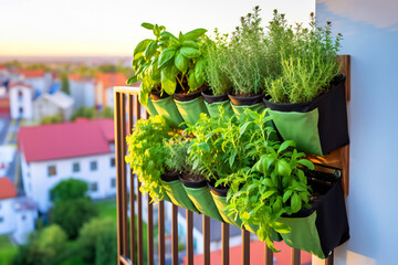 Green wall with herbs on the balcony, growing herbs at home - obrazy, fototapety, plakaty