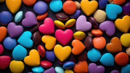 Fototapeta na wymiar Colorful heart shaped candies on dark background. Top view.