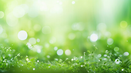 Fototapeta na wymiar A close-up of a lush green clover field glistening with morning dew, under a soft bokeh light effect.