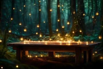 An enchanting wooden table nestled in a mystical forest, the bokeh background resembling a fairytale, with magical lights and fireflies dancing around