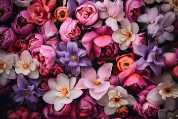 Fototapeta premium Beautiful bouquet of spring flowers as a background, top view.