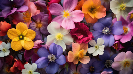 Colorful spring flowers background, close up, top view, copy space.