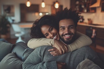 portrait of smiling ethnic woman hugging husband on sofa from behind in living room, mid adult African American with Latina woman on sofa - obrazy, fototapety, plakaty