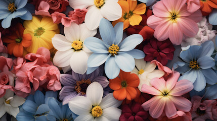 Colorful flowers as a background, top view. Floral pattern.