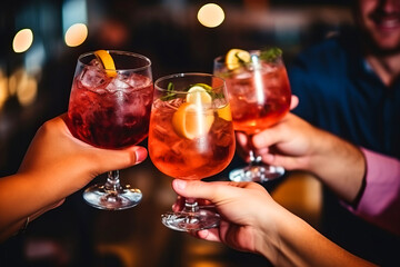 Friends at a party drinking different cocktails close-up