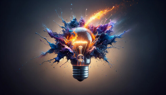 Creative light bulb explodes with colorful paint and splashes on a black background. Think differently creative idea concept. Generative AI