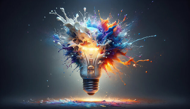 Creative light bulb explodes with colorful paint and splashes on a black background. Think differently creative idea concept. Generative AI - Powered by Adobe