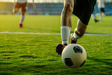 Fußballgeschicklichkeit in Aktion: Ein Fußballspieler dribbelt geschickt den Ball, eine dynamische Szene, die sportliche Bewegung und technisches Können im Fußball zeigt. - obrazy, fototapety, plakaty