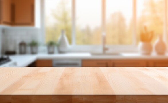 Wood table top on blur cafe background - can be used for display or montage your products.