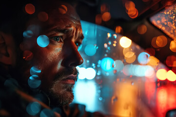 Close-up of an upset adult man driving a car looking away, portrait of the driver inside car on a rainy night - obrazy, fototapety, plakaty
