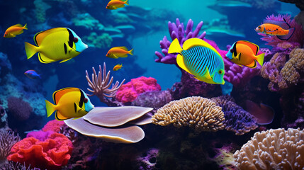 Yellow tangs and colorful fish in coral reef Pacific Ocean