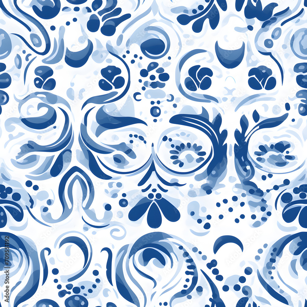 Wall mural generative ai gblue and white abstract vector seamless pattern floral texture on white background. c