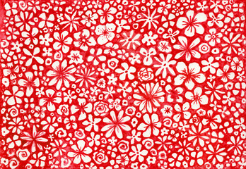 White flowers of various shapes and sizes on a red background. View from above. Watercolor drawing.
