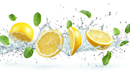 Fresh lemon and mint falling into water with splash, isolated on white background. - obrazy, fototapety, plakaty