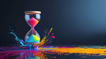Hourglass with colorful splashes on dark background. - obrazy, fototapety, plakaty