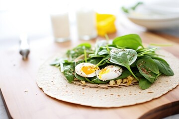 breakfast flaxseed wrap with eggs and spinach on a skillet - obrazy, fototapety, plakaty