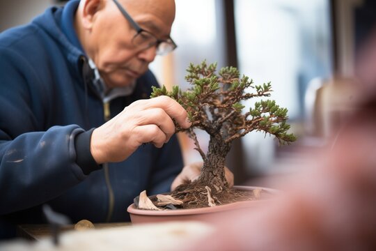 focus on a juniper bonsai being styled by a skilled hand