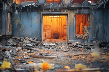 glowing embers and smoldering ruins of a house postfire