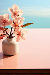 Cherry blossoms in vase on table against blue sky background.