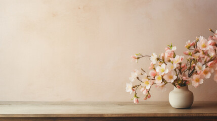 Vase of sakura flowers on wooden table with copy space.