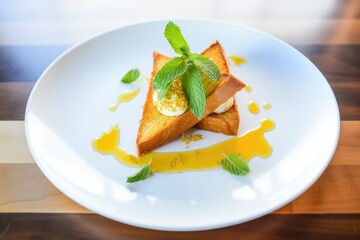 triangle-cut french toast with honey and a mint leaf