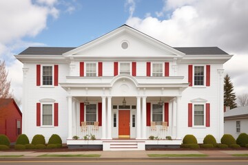 Fototapeta na wymiar white colonial house, red door, twostory, symmetrical windows
