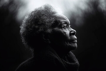 Black and white portrait of an elderly African American woman close-up side view.