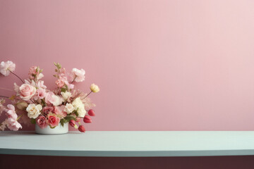Flowers in vase on table against pink wall with copy space.