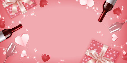 Valentines day vector banner template. Happy valentines day greeting typography with valentine elements of champagne, wine glass and gift with empty space for text and messages in red background.