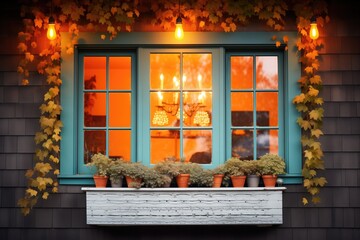 glowing window of cottage with ivy walls